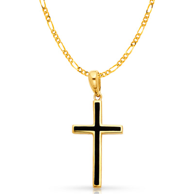 14K Gold Cross with Black Enamel Charm Pendant with 2.3mm Figaro 3+1 Chain Necklace