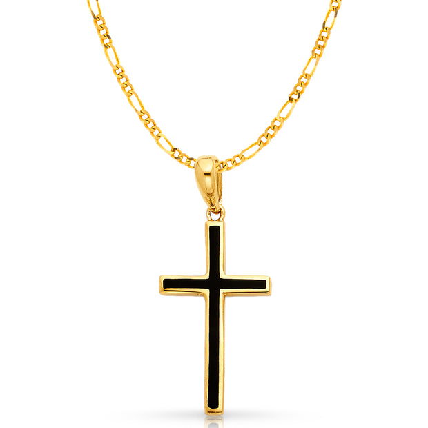 14K Gold Cross with Black Enamel Charm Pendant with 2.3mm Figaro 3+1 Chain Necklace