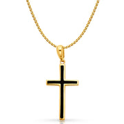 14K Gold Cross with Black Enamel Charm Pendant with 1.5mm Flat Open Wheat Chain Necklace