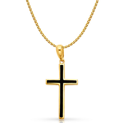 14K Gold Cross with Black Enamel Charm Pendant with 1.5mm Flat Open Wheat Chain Necklace