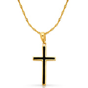 14K Gold Cross with Black Enamel Charm Pendant with 1.2mm Singapore Chain Necklace