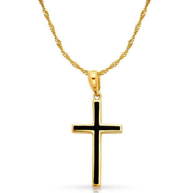 14K Gold Cross with Black Enamel Charm Pendant with 1.2mm Singapore Chain Necklace
