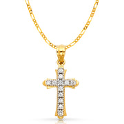 14K Gold CZ Cross Charm Pendant with 2mm Figaro 3+1 Chain Necklace