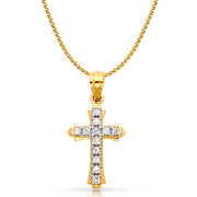 14K Gold CZ Cross Charm Pendant with 1.5mm Flat Open Wheat Chain Necklace