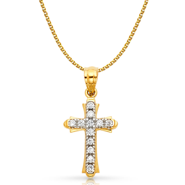 14K Gold CZ Cross Charm Pendant with 1.5mm Flat Open Wheat Chain Necklace