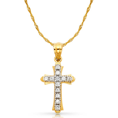 14K Gold CZ Cross Charm Pendant with 1.2mm Singapore Chain Necklace