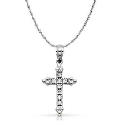 14K White Gold CZ  Cross Charm Pendant with 1.5mm Rope Chain Necklace