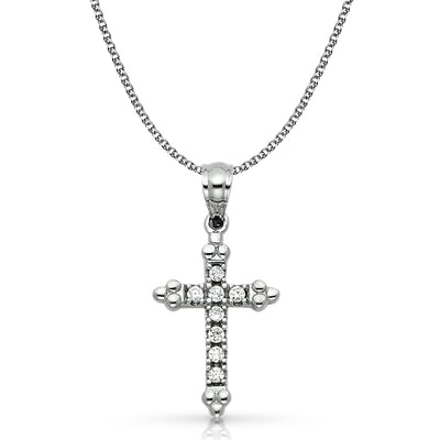 14K White Gold CZ  Cross Charm Pendant with 1.3mm Flat Open Wheat Chain Necklace