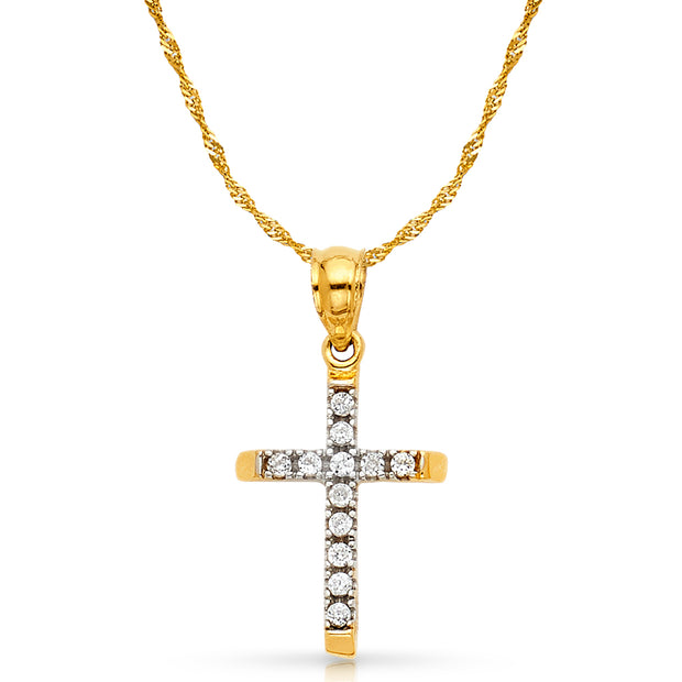 14K Gold CZ Cross Charm Pendant with 0.9mm Singapore Chain Necklace