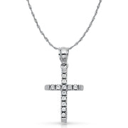 14K White Gold CZ  Cross Charm Pendant with 1.5mm Rope Chain Necklace