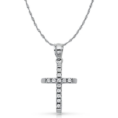 14K White Gold CZ  Cross Charm Pendant with 1.5mm Rope Chain Necklace