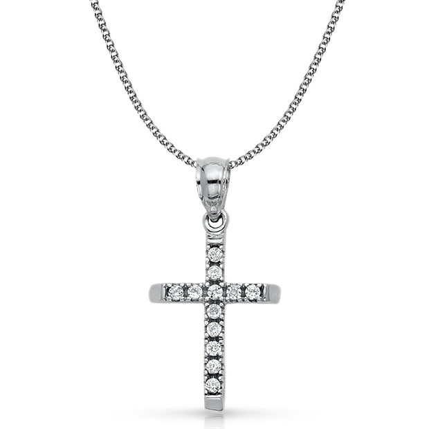 14K White Gold CZ  Cross Charm Pendant with 1.3mm Flat Open Wheat Chain Necklace