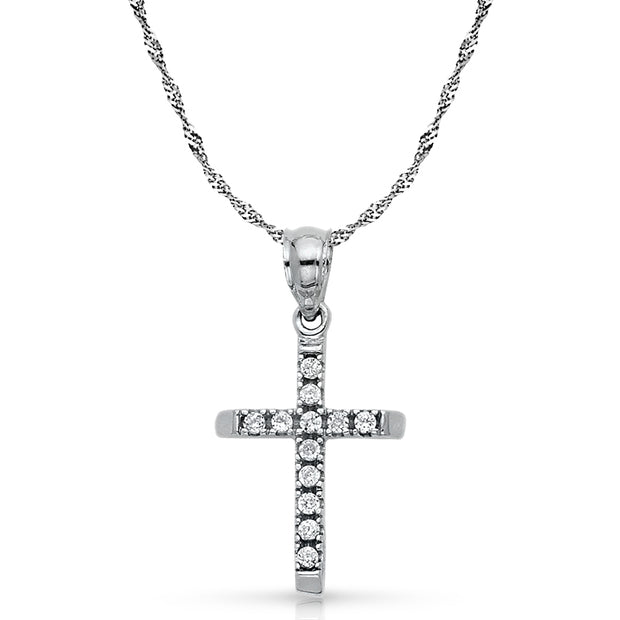 14K White Gold CZ  Cross Charm Pendant with 1.2mm Singapore Chain Necklace