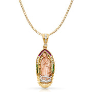 14K Gold CZ Guadalupe Charm Pendant with 4.2mm Hollow Cuban Chain Necklace