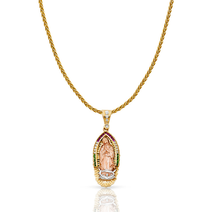 14K Gold CZ Guadalupe Charm Pendant with 1.4mm Round Wheat Chain Necklace