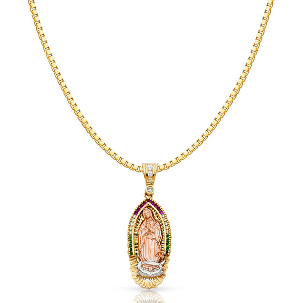 14K Gold CZ Religious Guadalupe Charm Pendant with 1.2mm Box Chain Necklace