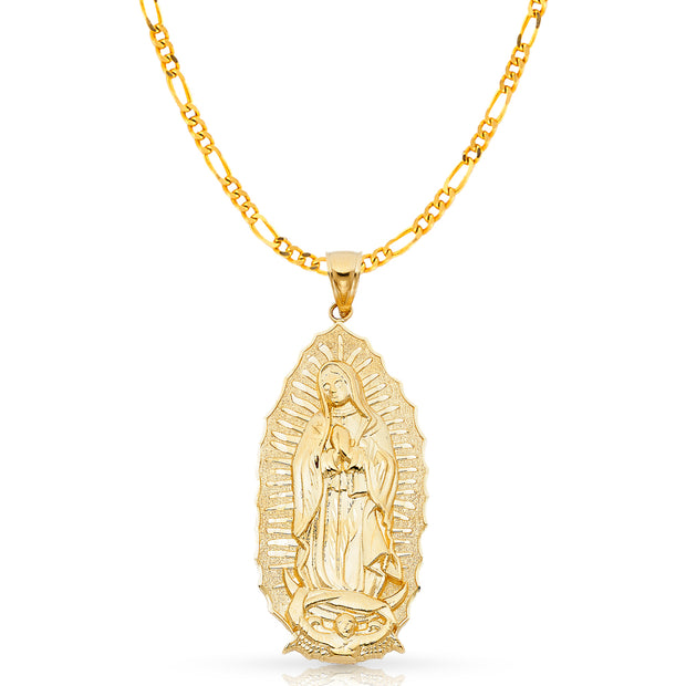 14K Gold Guadalupe Charm Pendant with 4.5mm Figaro 3+1 Chain Necklace