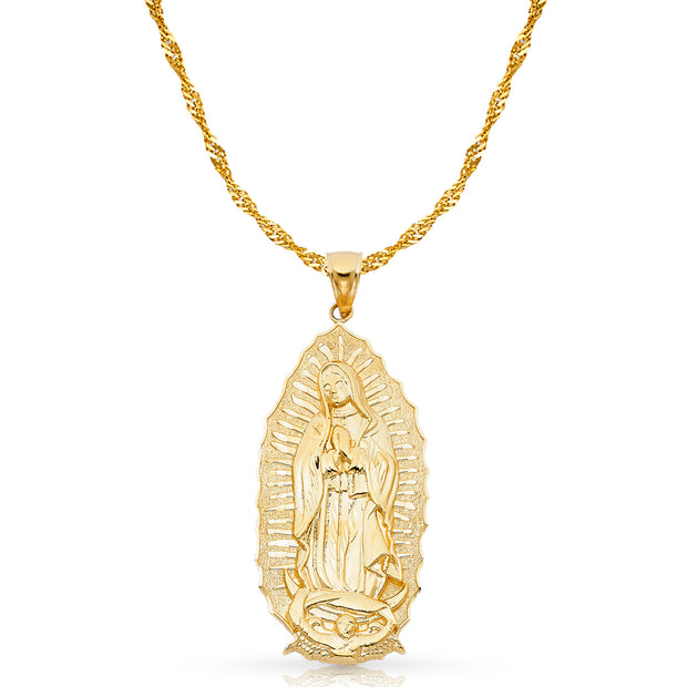 14K Gold Guadalupe Charm Pendant with 1.8mm Singapore Chain Necklace