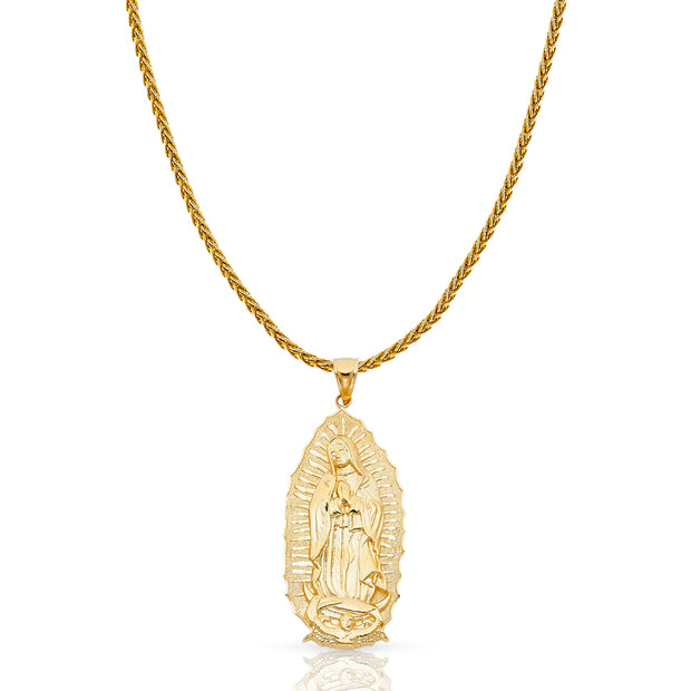14K Gold Guadalupe Charm Pendant with 1.4mm Round Wheat Chain Necklace