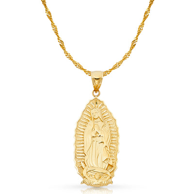 14K Gold Guadalupe Charm Pendant with 1.8mm Singapore Chain Necklace