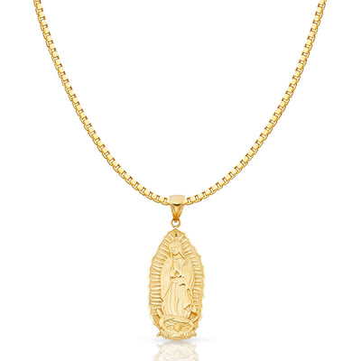 14K Gold Religious Guadalupe Charm Pendant with 1.2mm Box Chain Necklace