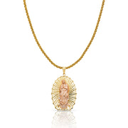 14K Gold Guadalupe Charm Pendant with 1.4mm Round Wheat Chain Necklace