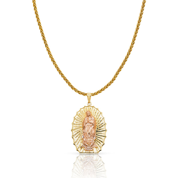 14K Gold Guadalupe Charm Pendant with 1.4mm Round Wheat Chain Necklace