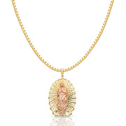 14K Gold Religious Guadalupe Charm Pendant with 1.2mm Box Chain Necklace