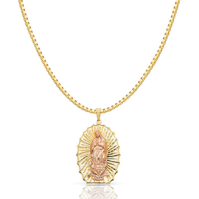 14K Gold Religious Guadalupe Charm Pendant with 1.2mm Box Chain Necklace