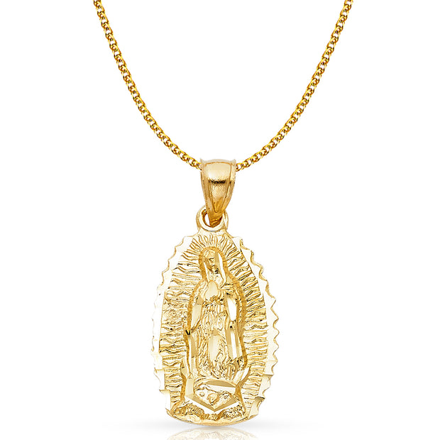 14K Gold Guadalupe Charm Pendant with 2mm Flat Open Wheat Chain Necklace