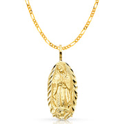 14K Gold Guadalupe Charm Pendant with 2.3mm Figaro 3+1 Chain Necklace