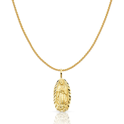 14K Gold Guadalupe Charm Pendant with 0.9mm Wheat Chain Necklace