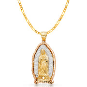 14K Gold Guadalupe Charm Pendant with 2.3mm Figaro 3+1 Chain Necklace