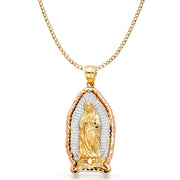 14K Gold Guadalupe Charm Pendant with 3.4mm Hollow Cuban Chain Necklace