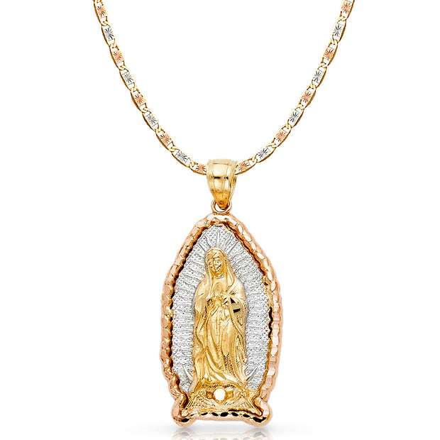 14K Gold Guadalupe Charm Pendant with 2.6mm Valentino Star Diamond Cut Chain Necklace