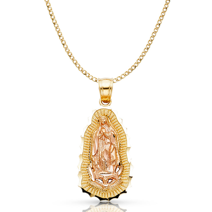 14K Gold Guadalupe Pendant with 2.3mm Hollow Cuban Chain