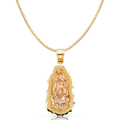 14K Gold Religious Guadalupe Charm Pendant with 0.8mm Box Chain Necklace