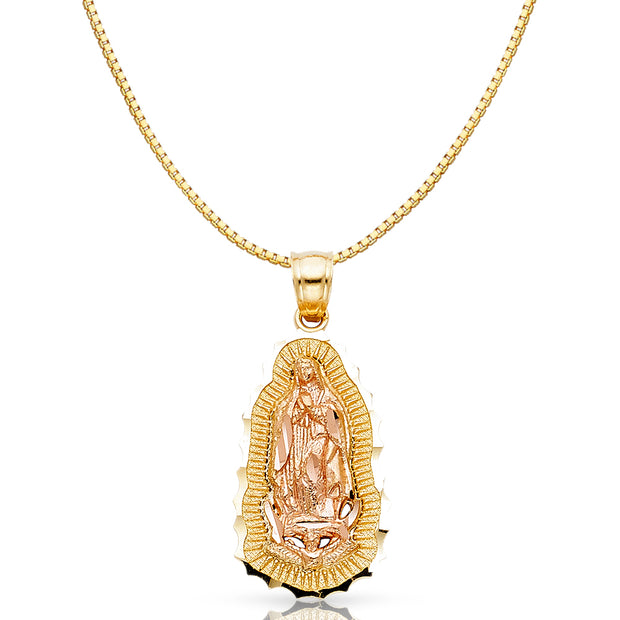 14K Gold Religious Guadalupe Charm Pendant with 0.8mm Box Chain Necklace