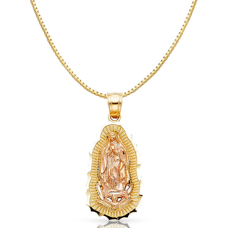 14K Gold Religious Guadalupe Charm Pendant with 0.8mm Box Chain Necklace