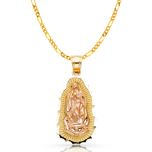 14K Gold Guadalupe Charm Pendant with 2.3mm Figaro 3+1 Chain Necklace