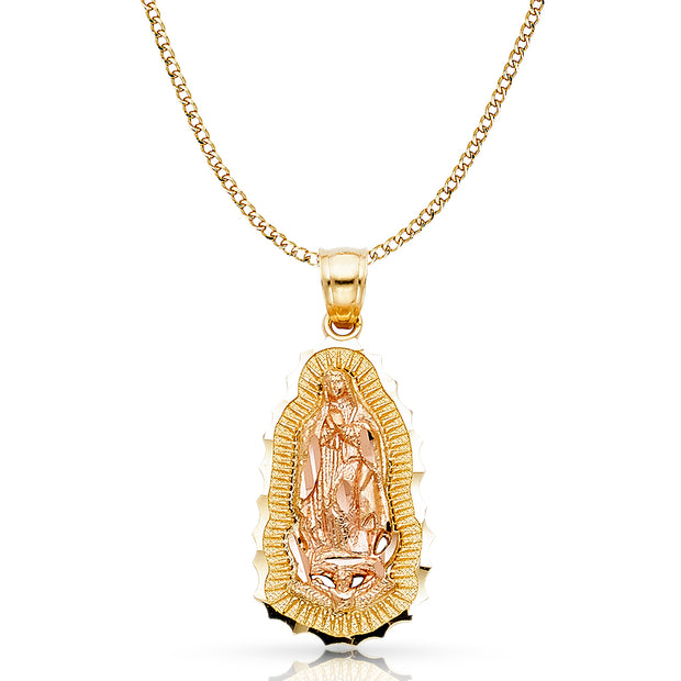 14K Gold Guadalupe Charm Pendant with 2.3mm Hollow Cuban Chain Necklace