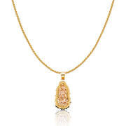 14K Gold Guadalupe Charm Pendant with 0.9mm Wheat Chain Necklace