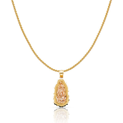 14K Gold Guadalupe Charm Pendant with 0.9mm Wheat Chain Necklace