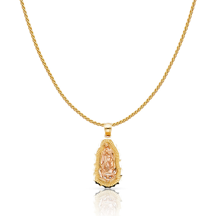 14K Gold Guadalupe Charm Pendant with 0.9mm Wheat Chain Necklace