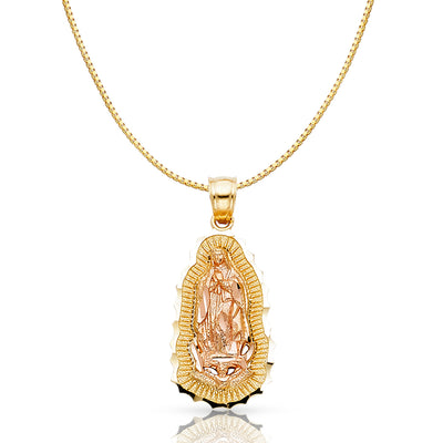 14K Gold Religious Guadalupe Charm Pendant with 0.8mm Box Chain Necklace