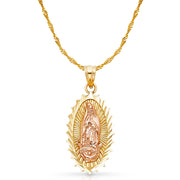 14K Gold Guadalupe Charm Pendant with 1.2mm Singapore Chain Necklace