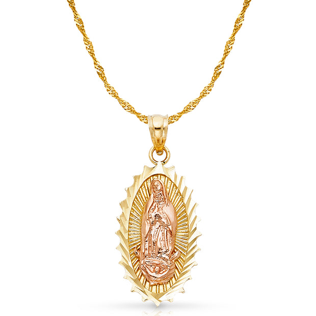 14K Gold Guadalupe Charm Pendant with 1.2mm Singapore Chain Necklace