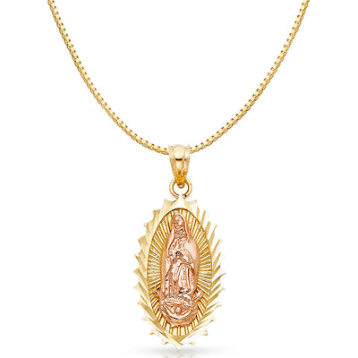 14K Gold Religious Guadalupe Charm Pendant with 0.8mm Box Chain Necklace