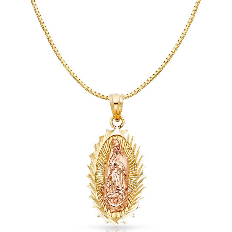 14K Gold Religious Guadalupe Charm Pendant with 0.8mm Box Chain Necklace