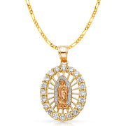 14K Gold CZ Guadalupe Charm Pendant with 3.1mm Figaro 3+1 Chain Necklace